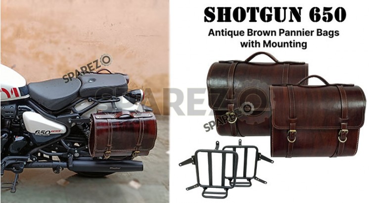 Fit For Royal Enfield Shotgun 650 Antique Brown Leather Pannier Bags with Mounting - SPAREZO